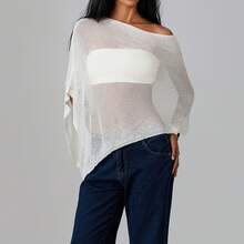 Women Sheer Mesh Poncho Top Crochet Knit Lightweight See Through Shawl Wrap Summer Oversized Loose Shrug Beachwear Swimsuit Bikini Cover Ups - Pearl White - 查看 9