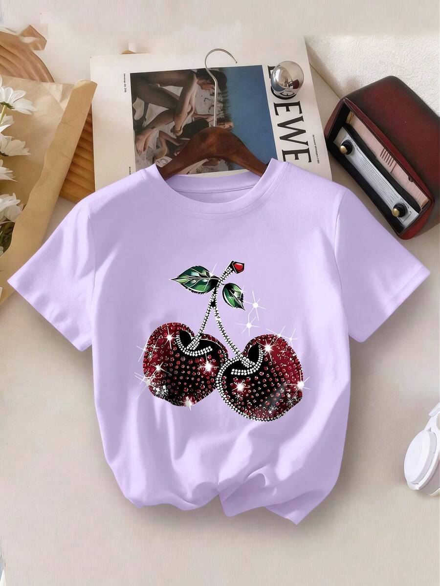 Cherry Print Round Neck Short Sleeve T-Shirt, Casual Children T-Shirt For Spring & Summer - Purple - View 1