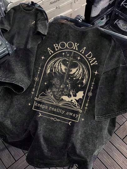 Plus Size Women's Casual Round Neck Short Sleeve T-Shirt With Book, Dragon, Sword, Tarot Card, Badge, Text, Retro, Fantasy, Floral, Star Patterns, Suitable For Spring, Summer, Autumn, Valentine's Day/Back To School Season, Summer Outfits, Vacation Outfits, Summer Tops