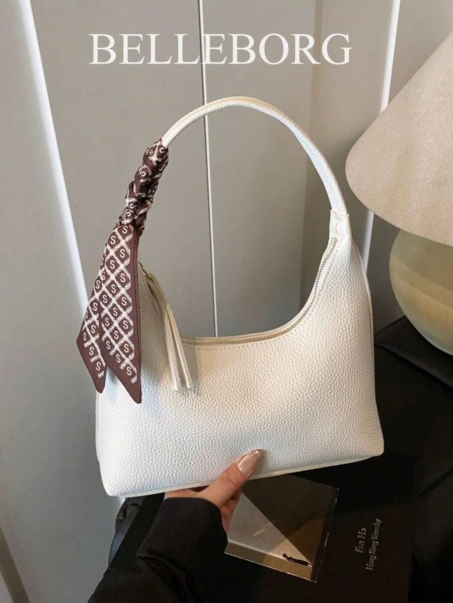 Fashionable Versatile Retro Printed Shoulder Bag With Scarf - White - View 1