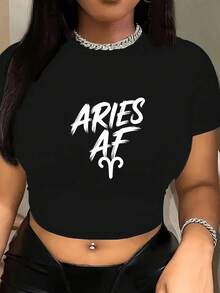 Aries OF Typography Women's Fashion Short Sleeve T-Shirt,Y2K Top Crop,Camisetas De Fiesta,Back To School,Vintage,Street Wear, Rock, Holiday, Vacation, Festival, Summer Tops - 黑色 - 查看 3