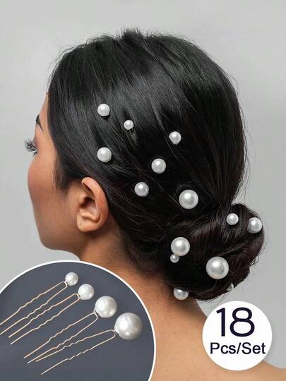 18pcs White Pearl Hair Accessories, Flower Bun Hairstyle Pins For Prom, Fake Hair Decor Clips, Bridal Wedding Updo Hair Pins, Hair Clips And Accessories