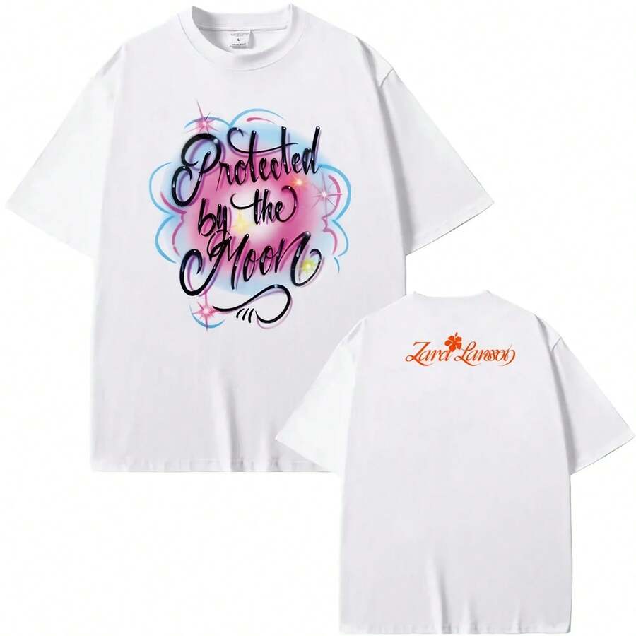 Zaras Larsson-Protected By The Moon Rib Tee Summer Singer's Same Style Tee-Shirt Korean Style High Qu - 白色 - 查看 1