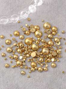100pcs/Bag Gold Color Nail Art Faux Pearl Decorations, Popular Flat Mixed Size Nail Accessories Nails - Multicolor - View 5