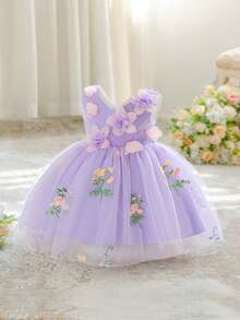 Baby Girls V-Neck 3D Floral Embroidered Mesh Princess Dress, Suitable For Birthday Party, Flower Girl, Wedding, Excluding Headband - 淡紫色 - 查看 3