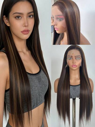 Peluca larga de encaje frontal con ombre de color miel rubio oscuro y mechas, para mujeres, 13x4 peluca de encaje frontal recta