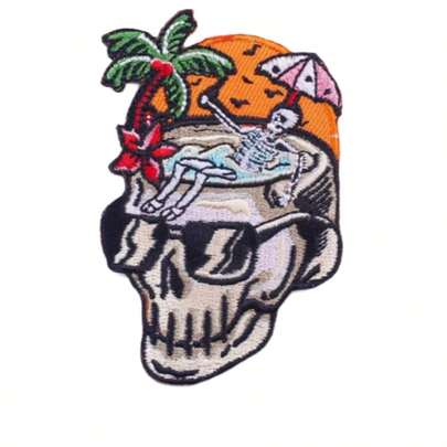 1片卡通朋克骷髅刺绣布贴，熨烫式贴片，适用于DIY牛仔裤、夹克、服装、包包、帽子破洞修补和装饰