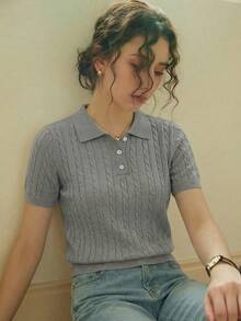 优雅女士扭结纹理翻领半拉链针织短袖毛衣上衣，休闲日常穿着，春夏款 - 灰色 - 查看 1