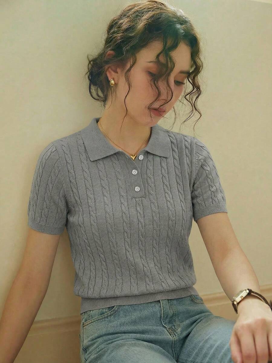 优雅女士扭结纹理翻领半拉链针织短袖毛衣上衣，休闲日常穿着，春夏款 - 灰色 - 查看 1