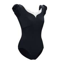 Daydance1 女士芭蕾舞紧身衣 V领舞蹈紧身衣蕾丝拼接体操紧身衣成人芭蕾舞者泡泡袖芭蕾舞连体衣 - 黑色 - 查看 7