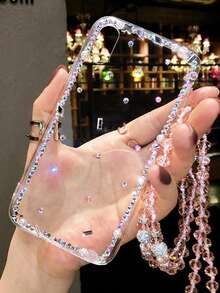 Fashionable Minimalist Rhombus Oblong Single Row Rhinestone Frame Transparent Phone Protective Case Suitable For IPhone 17 Pro Max/16 Plus/XS Max/7G With Crystal Lanyard Anti-Drop Phone Case - Pink - View 1