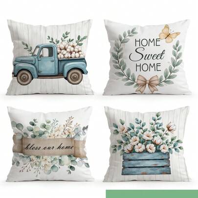 4pcs Blue Truck & Floral Pattern Reversible Throw Pillow Covers, Decorative Pillow Cases For Living Room Sofa Bedroom, Pillow Insert Not Included