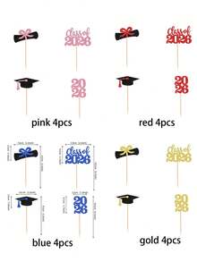 4pcs 2026 Graduation Cupcake Toppers, Blue/Pink/Red/Gold Glitter Double-Sided Graduation Cap Cake Decorations, 2026 Graduation Party Cake Topper Picks, Dessert Decor With Diploma And Graduation Cap Designs, Suitable For 2026 Graduation Party Decorations - Multicolor - View 3