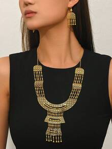 Bộ 3 món kiểu Ả Rập cổ điển với họa tiết hình học rỗng, gồm dây chuyền và bông tai tua rua, thích hợp cho phụ nữ dự tiệc, đám cưới. - Vàng - Xem 1