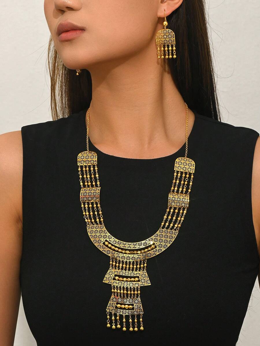 Bộ 3 món kiểu Ả Rập cổ điển với họa tiết hình học rỗng, gồm dây chuyền và bông tai tua rua, thích hợp cho phụ nữ dự tiệc, đám cưới. - Vàng - Xem 1