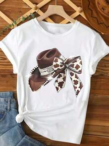 Tricou grafic în stil western pentru femei, mărime mare, cu mânecă scurtă, guler rotund, imprimeu de vacă, fundă și design de pălărie de cowboy, casual, alb, vară - alb - Vizualizare 3