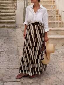 [2026 Valentine's Day Limited] Spring & Summer Geometric Jacquard Minimalist Long Dress, Soft Minimalism Relaxed Fit High Waist A-Line Silhouette, Suitable For Commuting, Dating, City Walk - Khaki - View 2