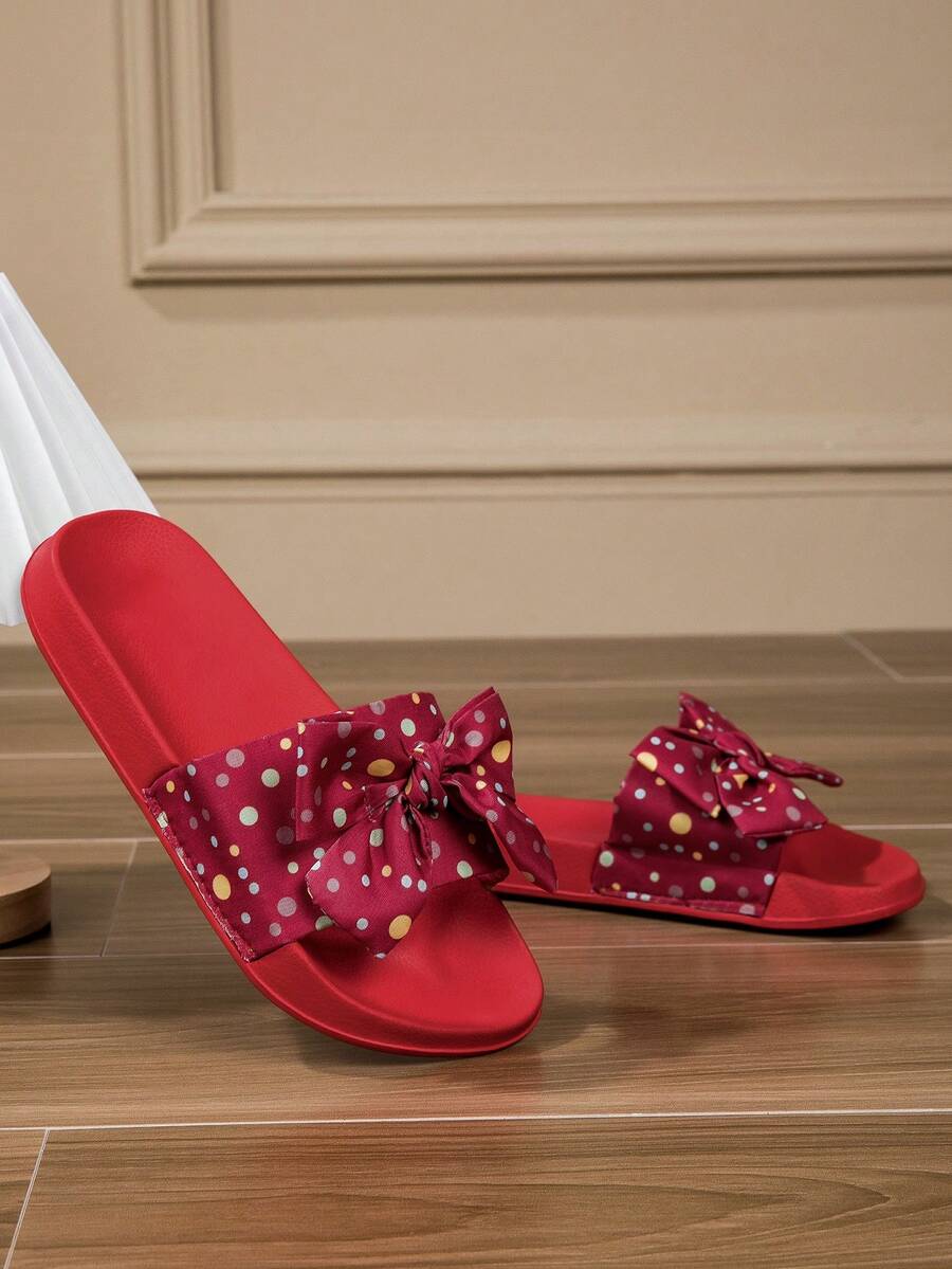 Girls' Comfortable, Fashionable, Casual, Lightweight, Bow Slip-On House Slippers, Summer - Red - View 1