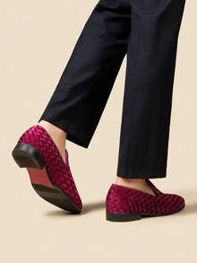 Men's Dress Loafers Velvet Tuxedo Slip-On Shoes Wedding Party Red Bottom For Male - 酒紅色 - 查看 10