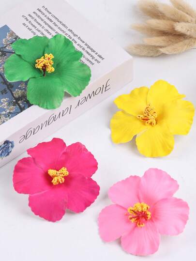 4个/1个夏威夷花朵发夹，女士芙蓉花和莲花发夹，人造花发夹，适合度假、海滩派对，波西米亚风格布艺发夹套装，优雅纯色花朵发夹，莲花发饰，扁平爪夹，发夹，发爪，学习用品，头部饰品