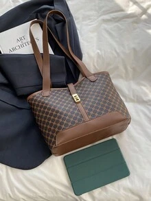 對比色肩帶雙手把肩背包，適合上班或上學。研究生、年輕女孩、大學新生至大四學生以及高中生的完美選擇。 - 棕色 - 查看 7