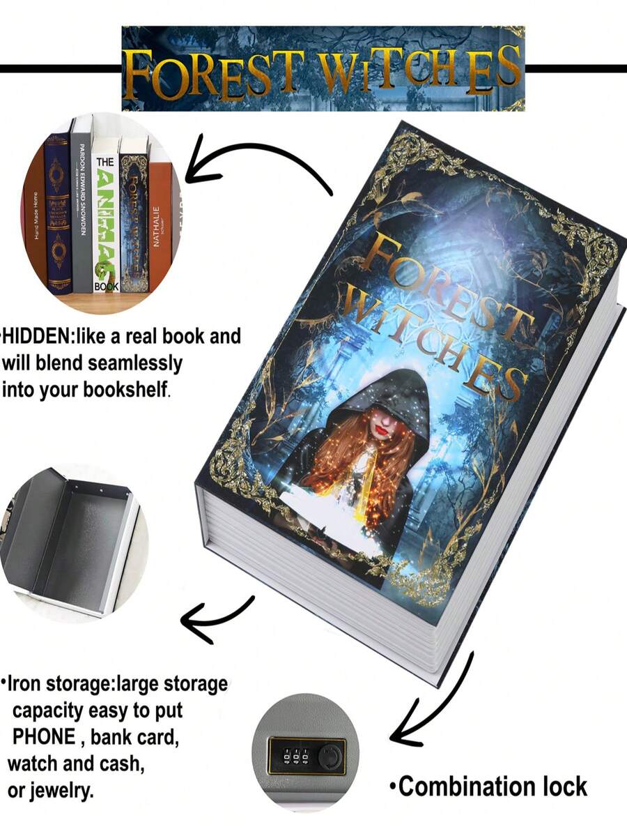 Grande boîte de sécurité de livre, design de dragons dorés, boîte de rangement cachée avec serrure à combinaison, coffre-fort à domicile en pleine vue, boîte de sécurité pour la maison, boîte à monnaie portable, boîte à argent, parfait pour un cadeau d'anniversaire, cadeau d'amitié, grande taille - SORCIÈRES - Voir 1