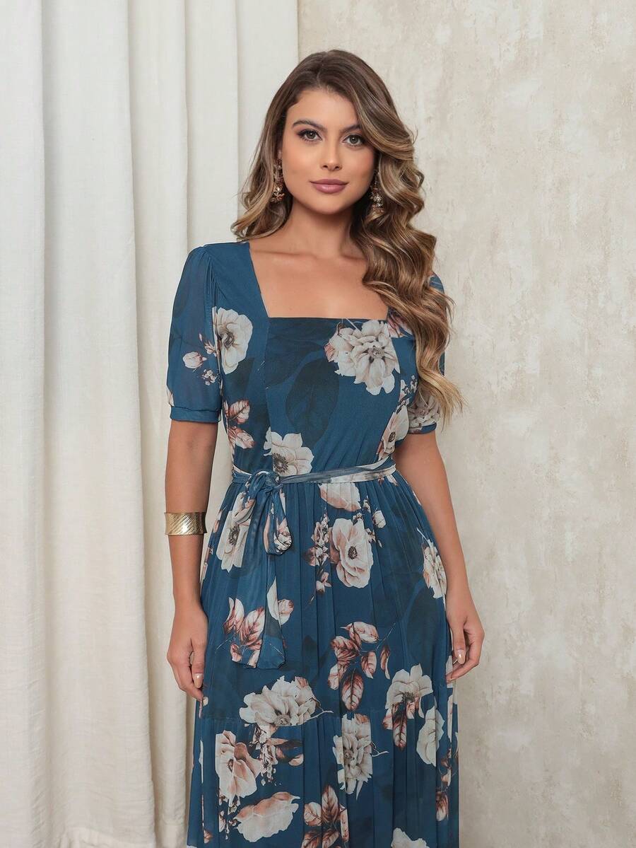 Long Tulle Dress With Square Neckline And Short Sleeves. - Navy Blue - View 1