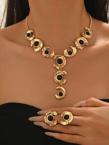 Bộ trang sức nữ 2 món - Dây chuyền và hoa tai hình chữ Y kết hợp xoắn ốc bất đối xứng màu đen hình bầu dục bằng acrylic, phong cách cổ điển thanh lịch, thích hợp đeo hàng ngày, ngày lễ, tiệc tùng - bạc + đen - Xem 17