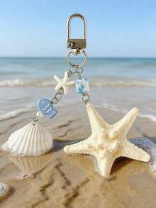 1 chiếc móc khóa trang trí hình cá nhỏ kiểu đại dương, hình sao biển và vỏ sò, phụ kiện điện thoại đa năng, mặt dây chuyền túi xách du lịch - Xanh và trắng - Xem 2