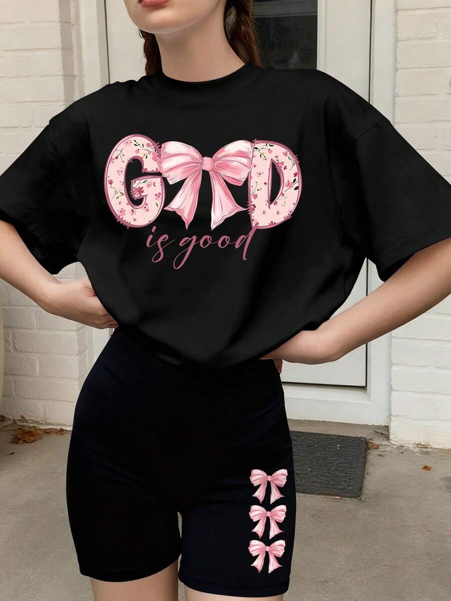 Bộ đồ 2 món dễ thương cho bé gái, áo phông in chữ và quần short, chất liệu mềm mại và thoải mái, trang phục đi học hè hàng ngày cho thiếu niên. - màu đen - Xem 1