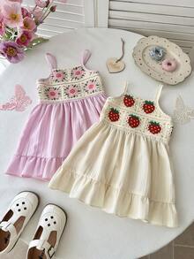 2pcs Girls' Spaghetti Strap Dress Set, Handmade Crochet Patchwork With Natural Vertical Striped Fabric, A-Line Skirt With Ruffle Hem, Lightweight And Breezy, Delicate And Sweet Style Suitable For Girls On Vacation Or Daily Wear - Multicolor - View 6