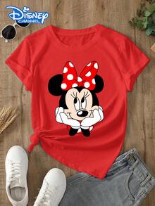 Disney Lady's T-Shirt, Featuring A Creative Minnie Cartoon Pattern Print. Spring/Summer Style Women's Round-Neck T-Shirt. The Fabric Is Soft, Comfortable And Breathable, Suitable For Daily Wear, Shopping, Traveling, Parties, And At Home. It Is Also Suitable As A Beautiful Gift. Every Lady Deserves To Own One. - Đỏ - Xem 1