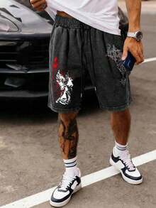 Pantalones cortos casuales de verano para hombre lavados y desgastados con estilo vintage - Negro - Ver 1