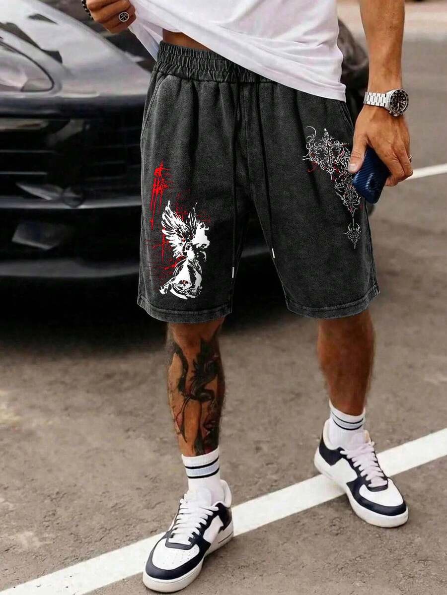 Pantalones cortos casuales de verano para hombre lavados y desgastados con estilo vintage - Negro - Ver 1