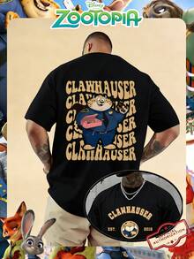 Disney Official Licensed Zootopia Officer Clawhauser Est.2016 Retro Letter Print 220g Cotton Crew Neck Unisex Tee - 黑色 - 查看 1