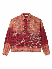 Street Life Spring Casual Graphic Men'S Shirt With Rhinestone Plaid Pattern, Long Sleeve, Streetwear American Style - Red - View 2