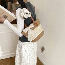 1pc Fashion Straw Woven Tote Bag, Large Capacity Beach Travel Handbag, Commuter Shoulder Bag With Scarf Bow Detail, Suitable For Elegant Ladies Casual, Beach Trip, Daily Matching - Multicolor - View 3