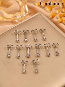 12 件/套不锈钢球形经典女士耳钉 - 銀色 - 查看 7