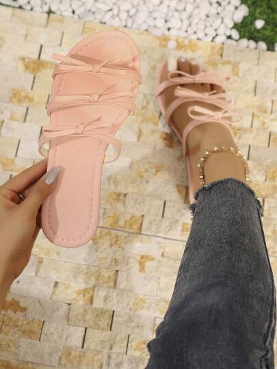 2026 Summer New Fashion Pink Triple Bow Tie Sandals For Women, Sweet Bow Tie Slippers, Versatile Flat Soft Bottom Non-Slip Outdoor Beach Shoes