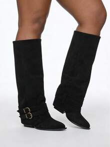 Women's Vintage Suede Knee High Boots Buckle Detail Slouchy Boots With Side Zipper For Spring Outfits - màu đen - Xem 6