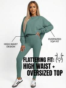 Women's 2 Piece Loungewear Set - Soft Ribbed Oversized Sweatshirt & High Waist Leggings-Ultra Soft Pajama Set For Women  - Casual Tracksuit For Airport Outfit & Lounging-Cozy Matching Outfit For Travel Yoga Home - 綠色 - 查看 6