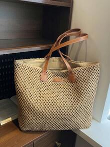 New Arrival Minimalist Hollow Straw Beach Bag, Casual Lightweight Shoulder Tote Bag For Women - Khaki - View 6