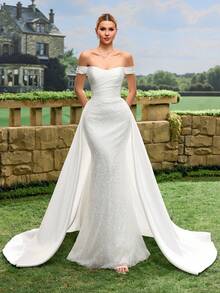 Women's Off-Shoulder Elegant Romantic Floor-Length Wedding Dress - White - View 4
