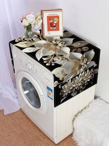 1pc Luxury Black Gold Floral Microwave Dust Cover With Dual Side Storage Pockets, Oil & Dust Proof Kitchen Appliance Cover, Farmhouse Decor, Suitable For Microwave, Washing Machine, Refrigerator - Black and White - View 2