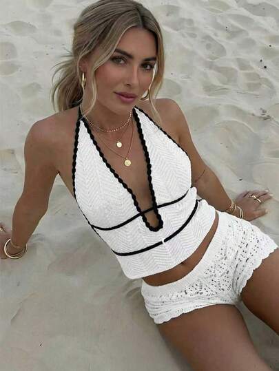 Summer New Sexy Backless Camisole Knit Top, Elegant Bohemian Style For Vacation, Music Festival, White
