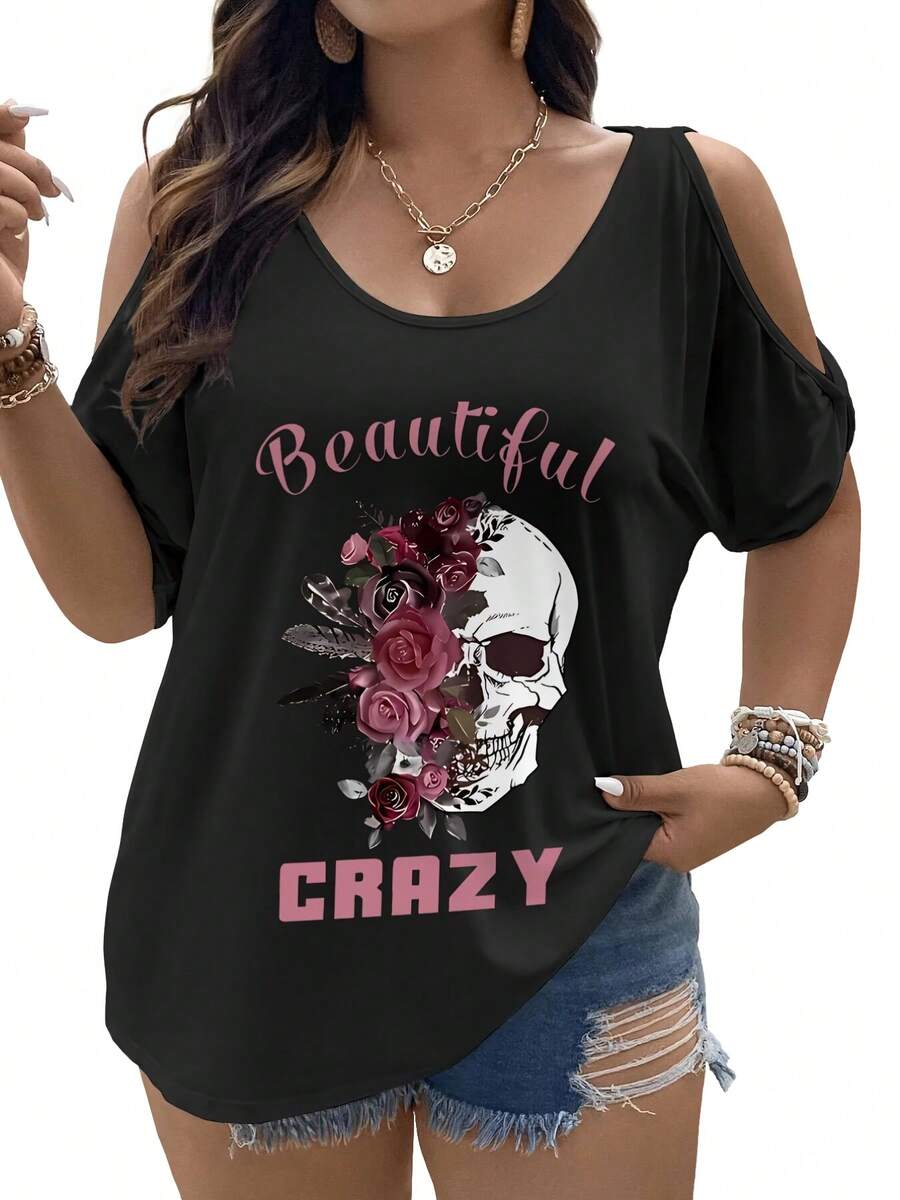 Plus Size - Plus Size - Modern Style Women's Oversized Top, Unique Design Featuring Large Sizes And Off-Shoulder Details.Elegant Strapless T-Shirt, Perfect For A Casual Vintage Look.It's An Excellent Gift Idea For Friends - màu đen - Xem 1
