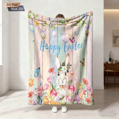 1pc Easter Bunny & Floral Print Soft Flannel Blanket, Suitable For Sofa, Bedroom, Study, Dorm, Office Bed, Camping, Versatile Gift, All Seasons, Suitable For Girls, Boys, And Room Decor