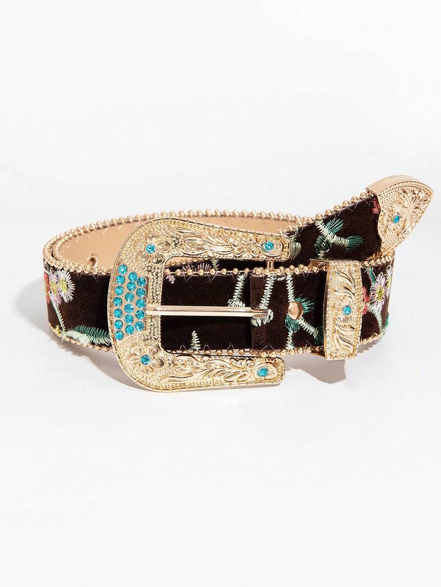 1pc Blue Diamond Embroidered Floral Pattern PU Leather Belt, Palace Style Metal Buckle