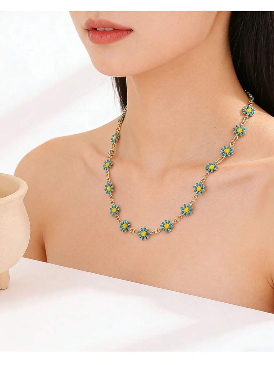 1件装 时尚夏季滴油花朵链项链 - 綠松石色 - 查看 1