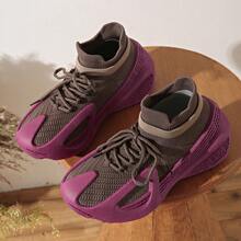 女士复古厚底休闲步行飞织鞋，透气网面宽松跑步鞋，女士鞋履 - 紫色 - 查看 2